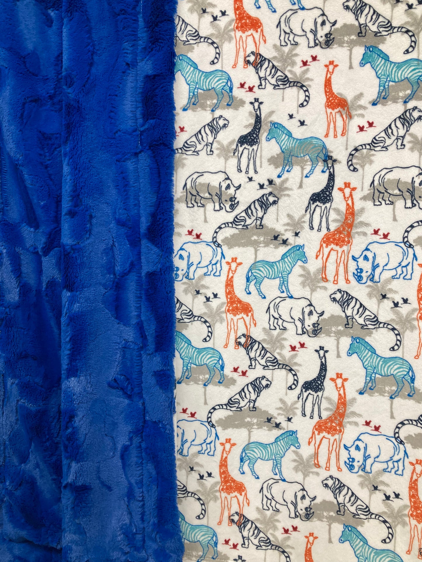 Zoo Animal Print with Royal Blue Hide Blanket
