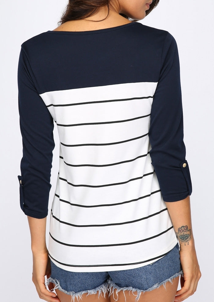 Striped Lace Splicing Pocket Tab-Sleeve T-Shirt