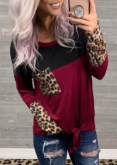 Leopard Printed Color Block Splicing Pocket Tie Blouse