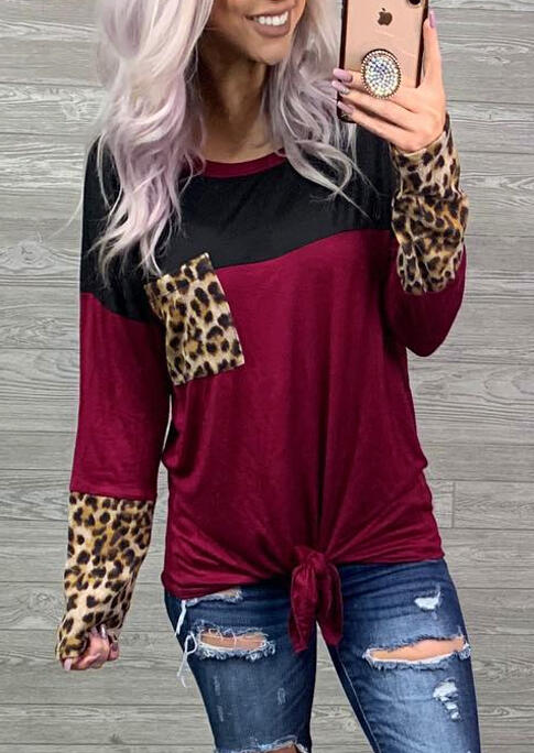 Leopard Printed Color Block Splicing Pocket Tie Blouse