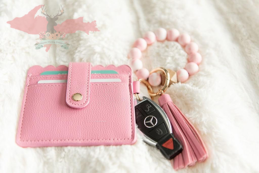Wristlet Keychain Wallet w/ Silicone Beads & Tassel - Pink