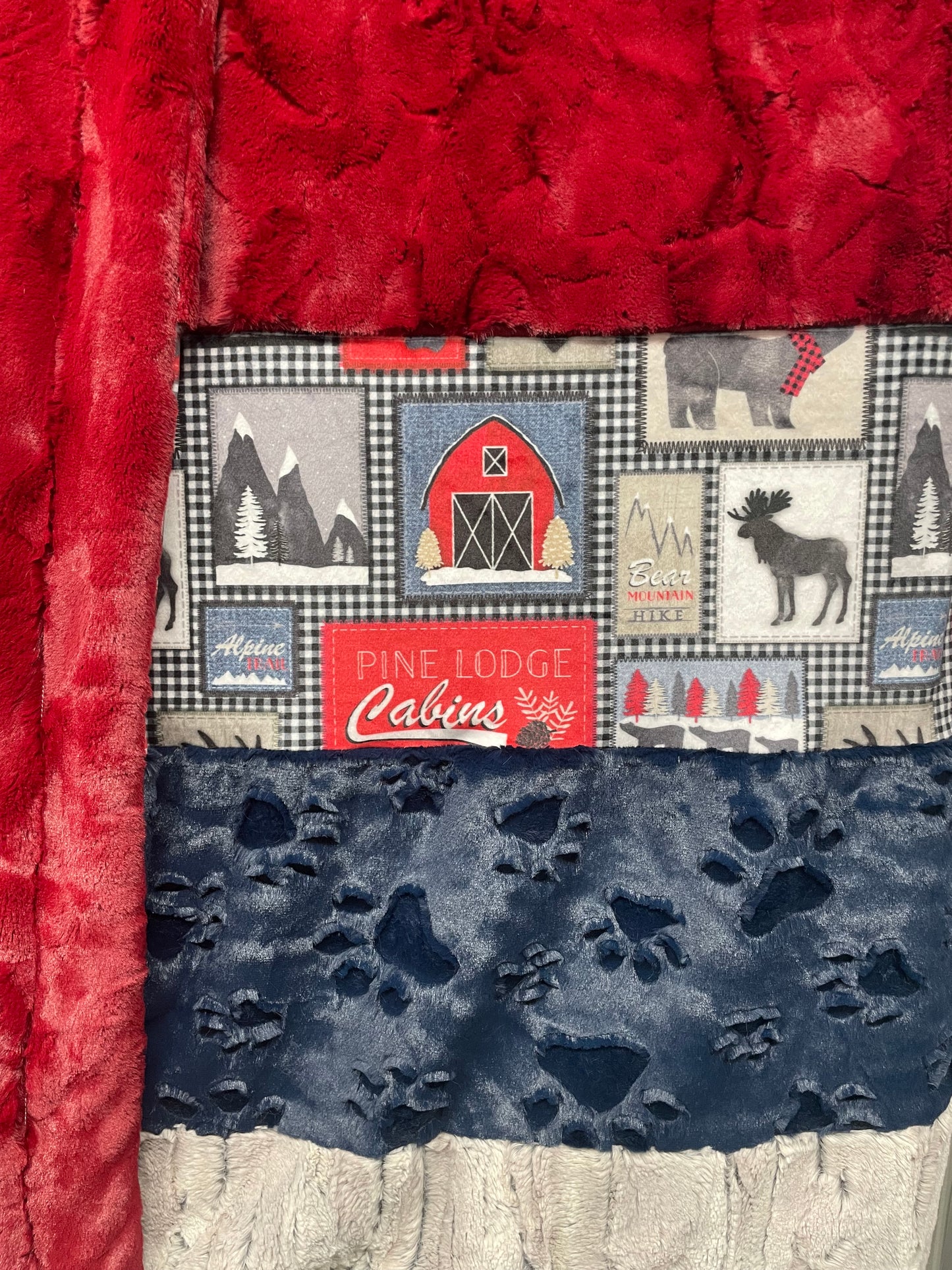Adult Strip: Silver Fox, Merlot Hide, Lodge Print, Navy Paws/ Merlot Hide backing