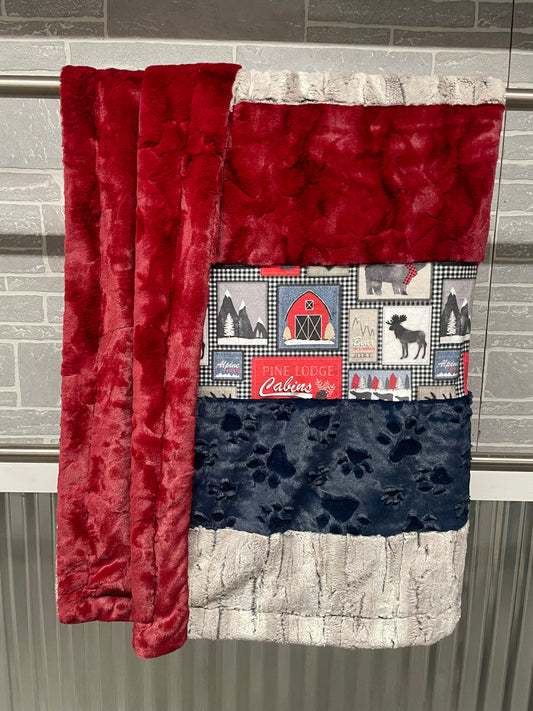 Adult Strip: Silver Fox, Merlot Hide, Lodge Print, Navy Paws/ Merlot Hide backing