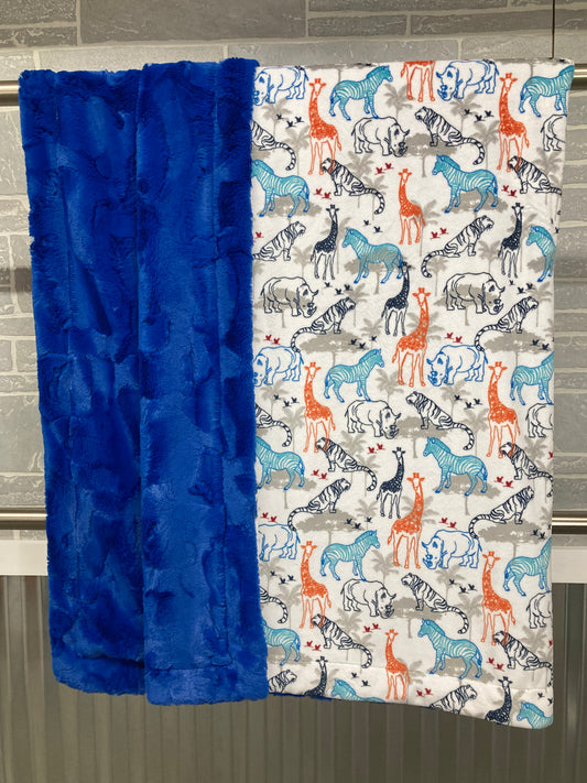 Zoo Animal Print with Royal Blue Hide Blanket