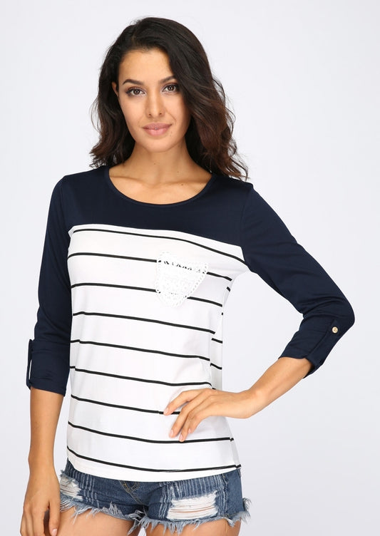 Striped Lace Splicing Pocket Tab-Sleeve T-Shirt