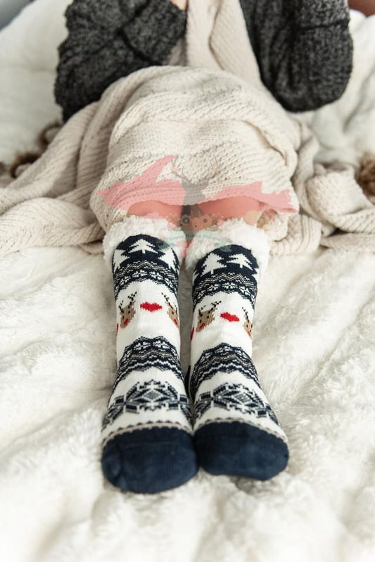 Non-Slip Sherpa Lined Socks - Red Reindeer