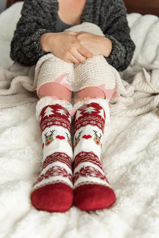 Non-Slip Sherpa Lined Socks-Red Reindeer